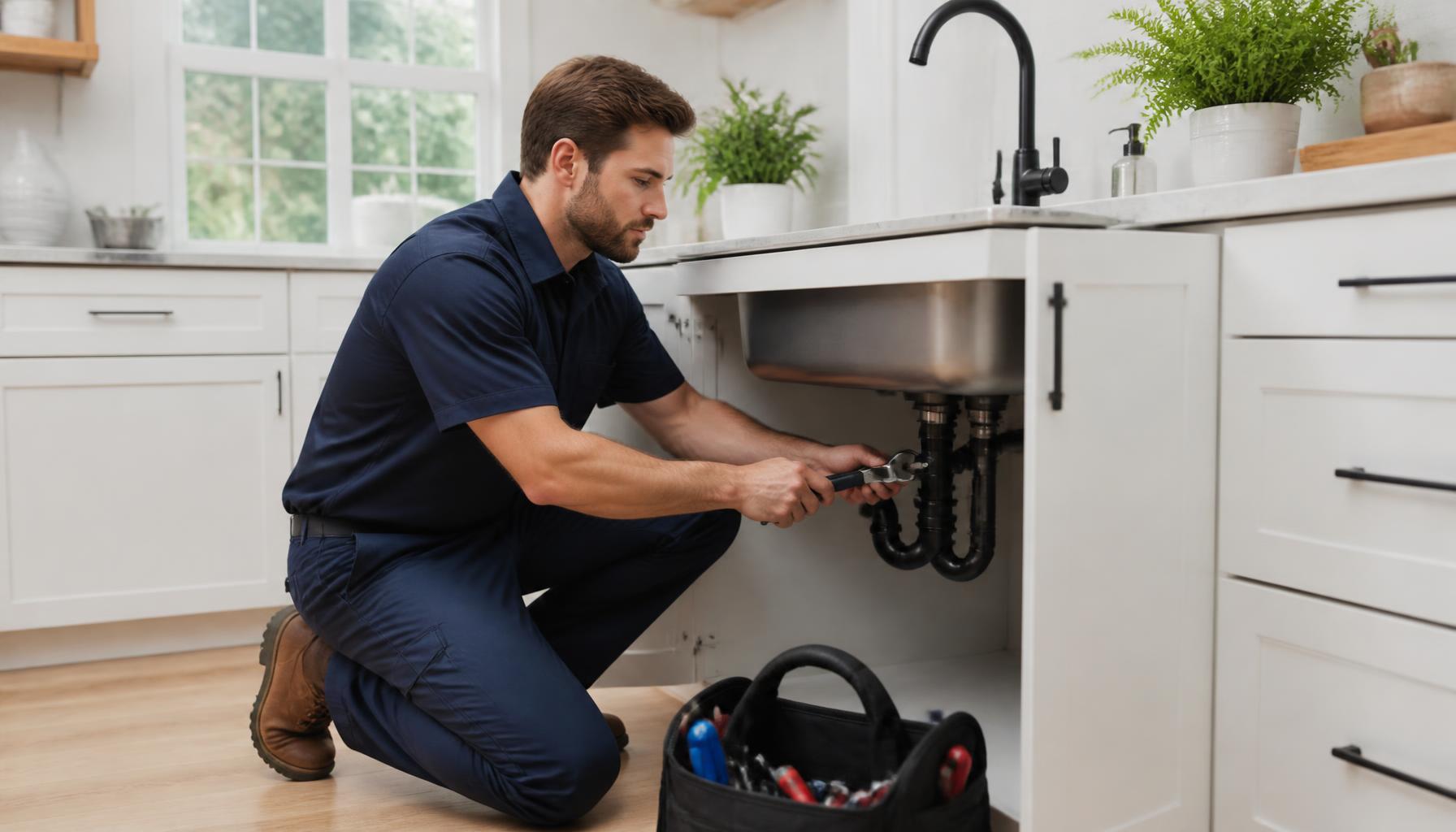 Licensed Georgia plumber repairing pipes under a kitchen sink
