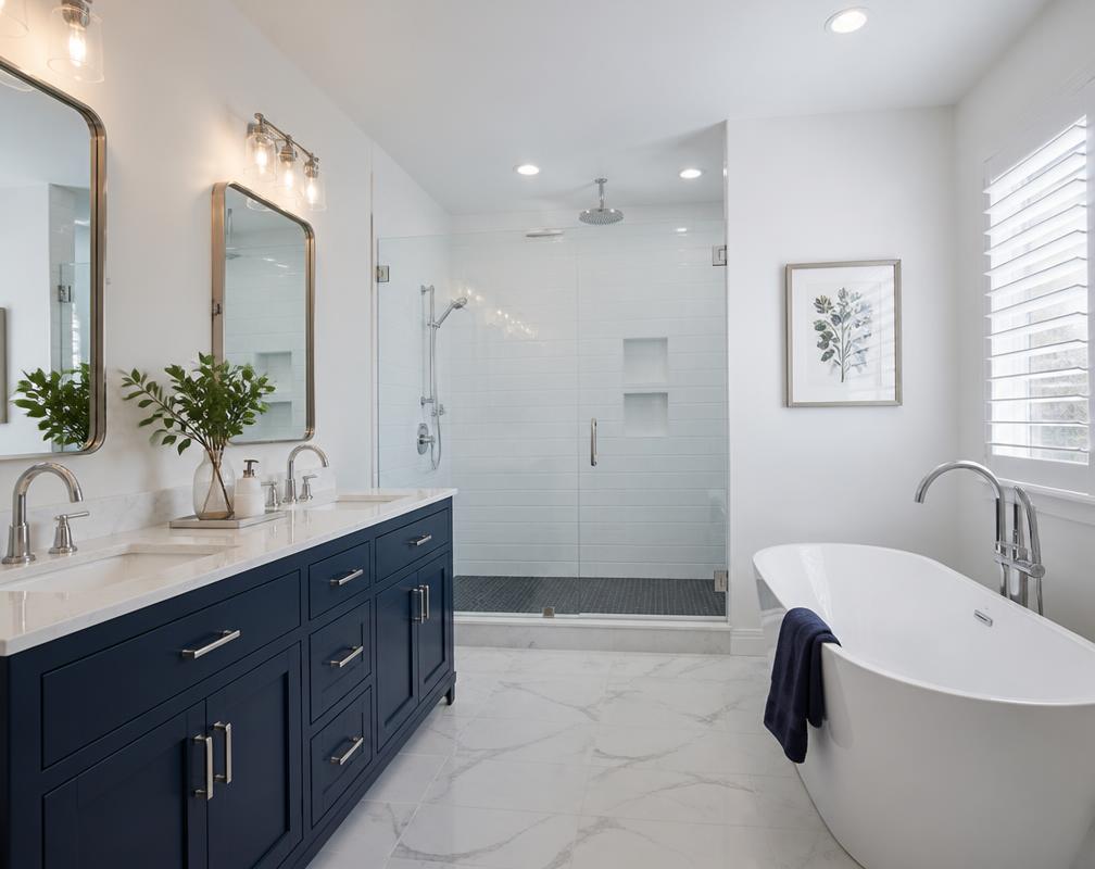 Clean modern bathroom after a leak repair and remodel