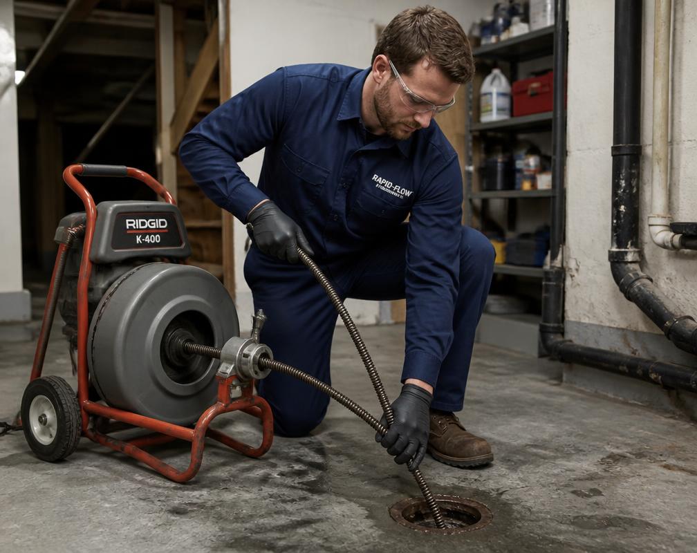 Plumber clearing a basement floor drain with a drain machine