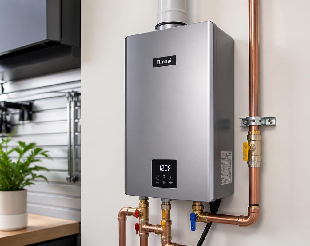 Newly installed tankless water heater with copper piping